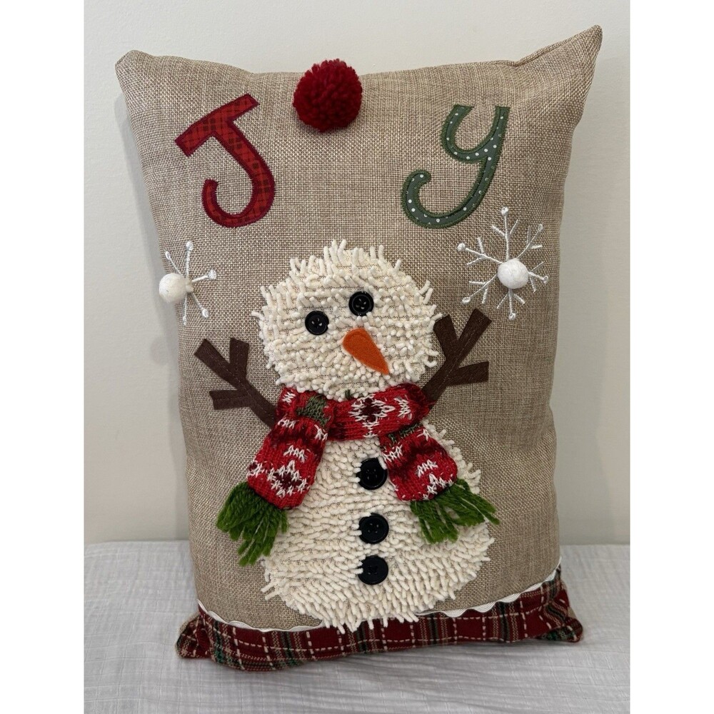 Cracker Barrel Christmas Pillow JOY Snowman Rustic Farmhouse Plaid/Burlap